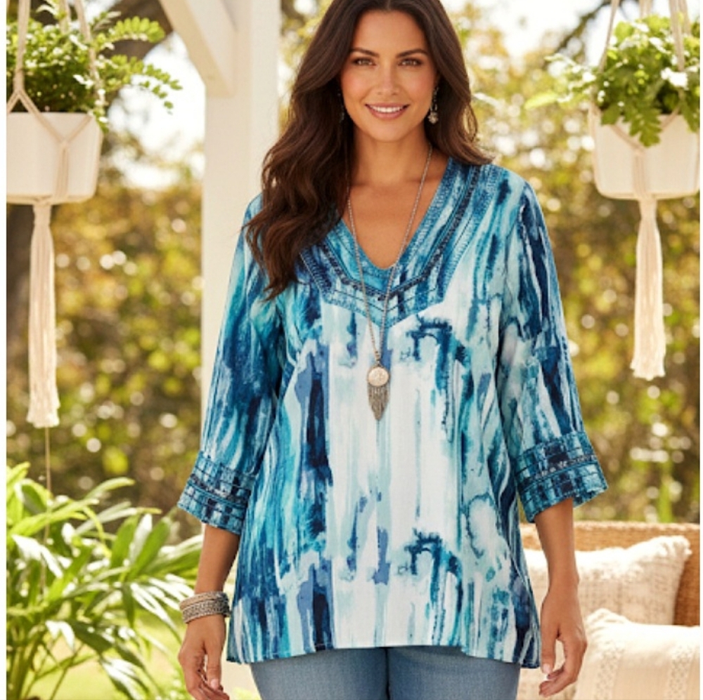 Soft Surroundings Seaglass Tides Top Aqua Blue Beaded Tunic Size 1X